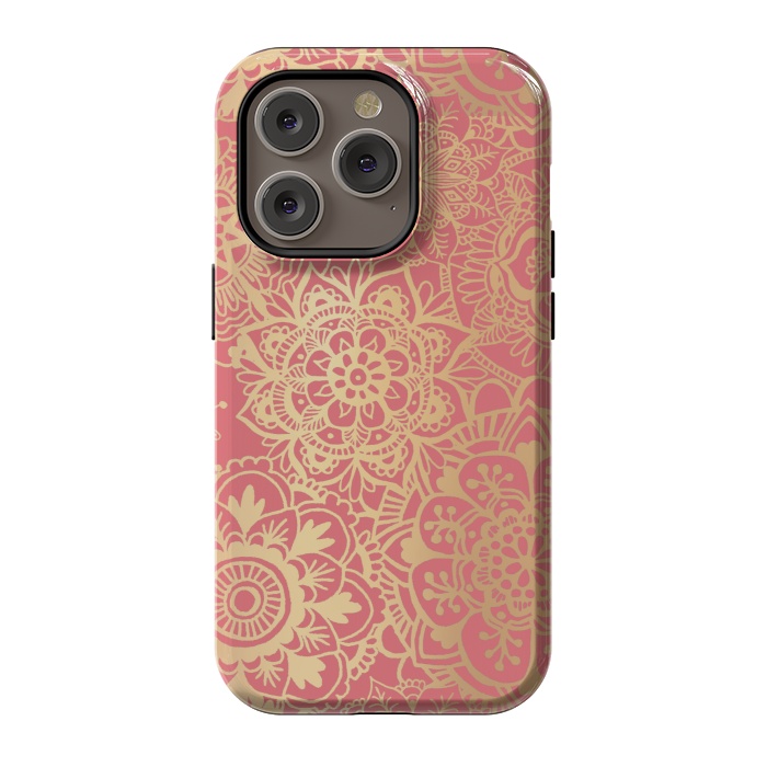 iPhone 14 Pro StrongFit Coral Pink and Gold Mandala Pattern by Julie Erin Designs