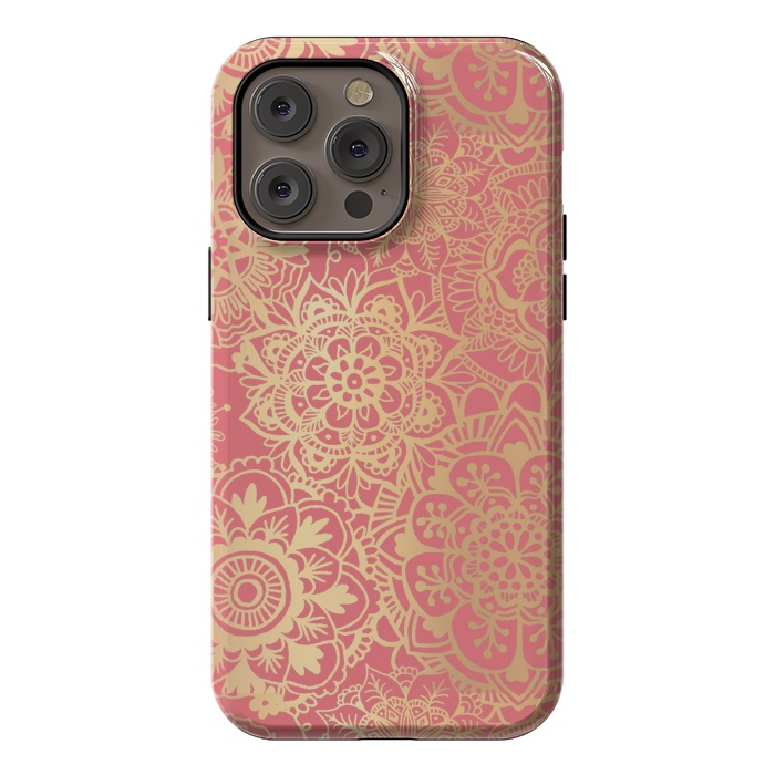 iPhone 14 Pro max StrongFit Coral Pink and Gold Mandala Pattern by Julie Erin Designs