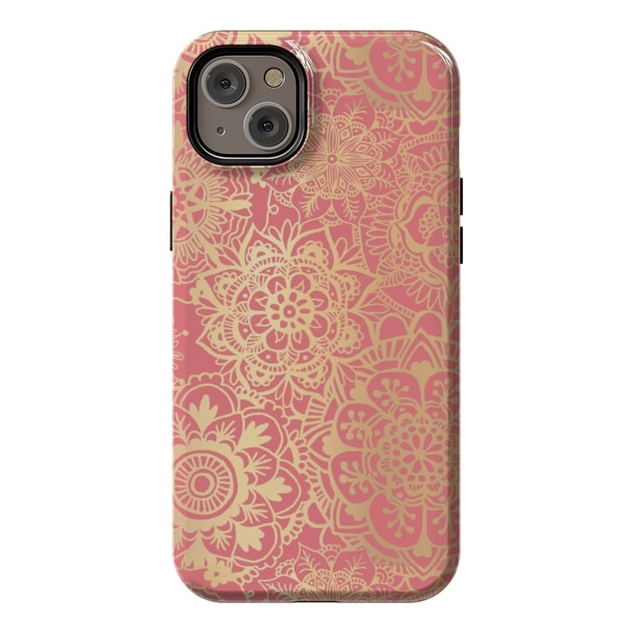 iPhone 14 Plus StrongFit Coral Pink and Gold Mandala Pattern by Julie Erin Designs