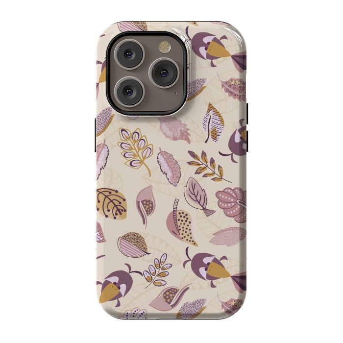 iPhone 14 Pro StrongFit Cute parrots in a fun tossed pattern with funky leaves in purple and mustard by Paula Ohreen