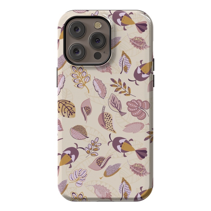 iPhone 14 Pro max StrongFit Cute parrots in a fun tossed pattern with funky leaves in purple and mustard by Paula Ohreen