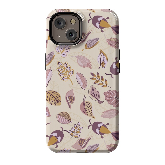 iPhone 14 StrongFit Cute parrots in a fun tossed pattern with funky leaves in purple and mustard by Paula Ohreen