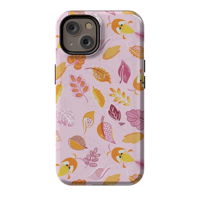 iPhone 14 StrongFit Cute parrots in a fun tossed pattern with funky leaves in pink and orange by Paula Ohreen