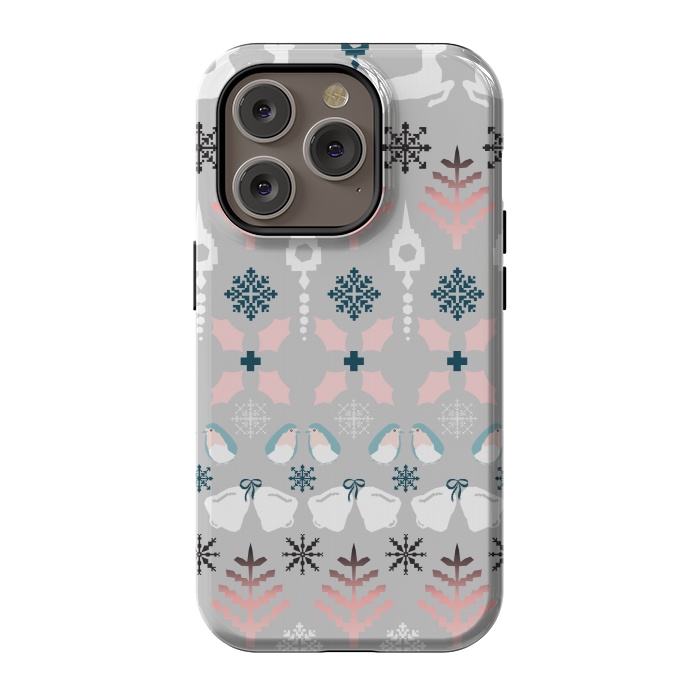 iPhone 14 Pro StrongFit Christmas Fair Isle in Grey, Pink and Blue by Paula Ohreen