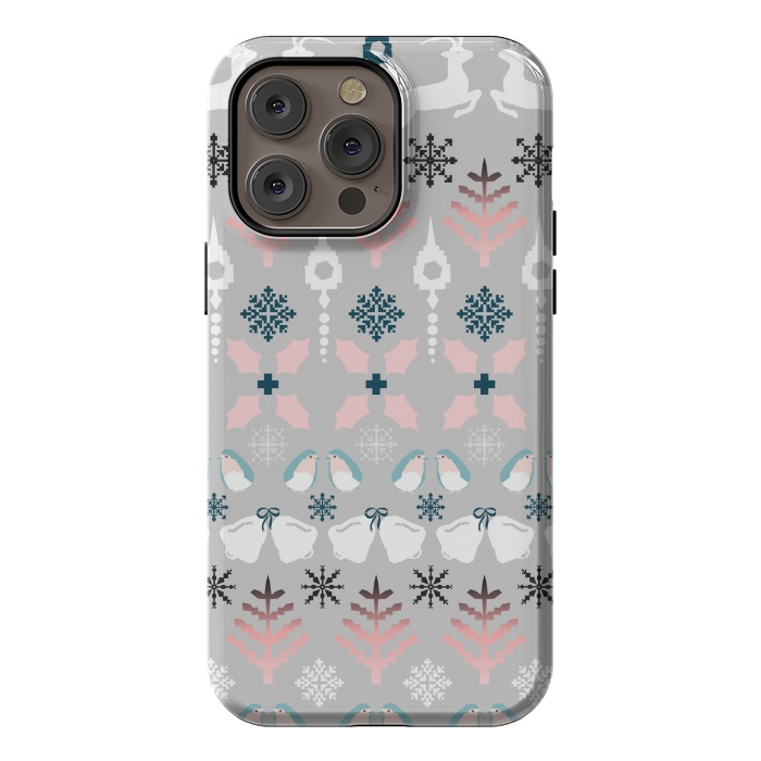 iPhone 14 Pro max StrongFit Christmas Fair Isle in Grey, Pink and Blue by Paula Ohreen