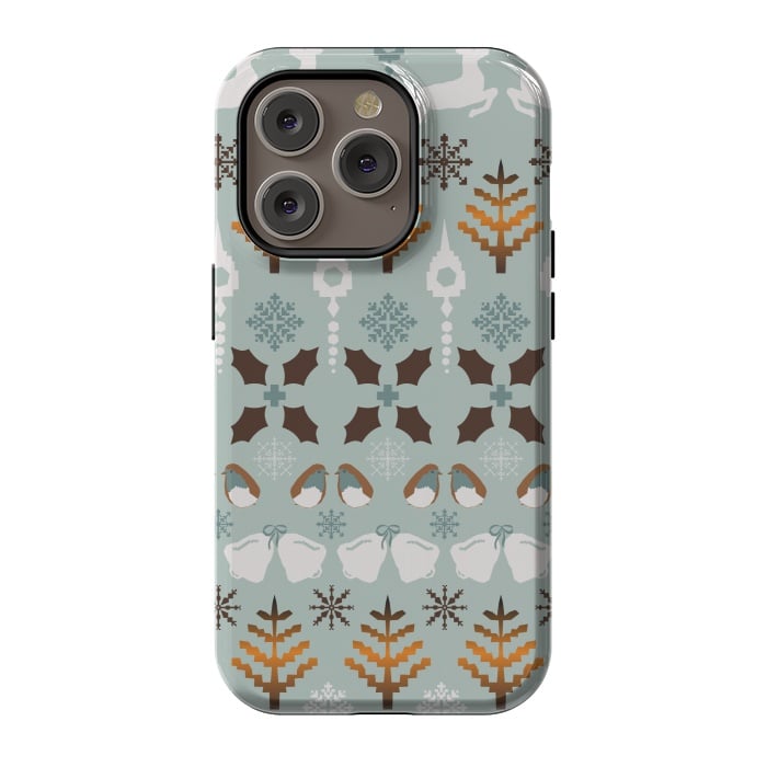 iPhone 14 Pro StrongFit Fair Isle Christmas in blue and brown by Paula Ohreen