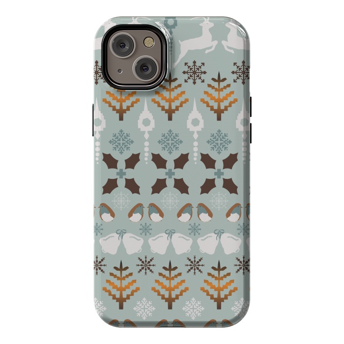 iPhone 14 Plus StrongFit Fair Isle Christmas in blue and brown by Paula Ohreen