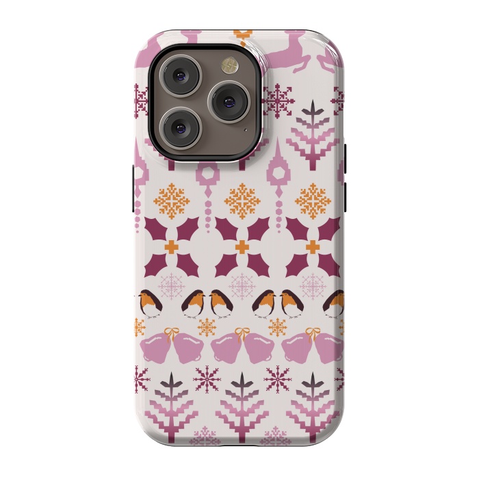 iPhone 14 Pro StrongFit Fair Isle Christmas in pink and orange by Paula Ohreen