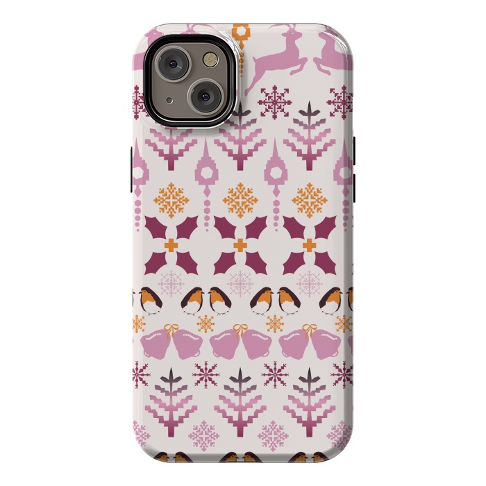 iPhone 14 Plus StrongFit Fair Isle Christmas in pink and orange by Paula Ohreen