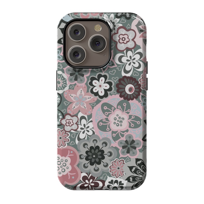 iPhone 14 Pro StrongFit Beautiful Bouquet of Blooms-Dark Grey and Pink by Paula Ohreen