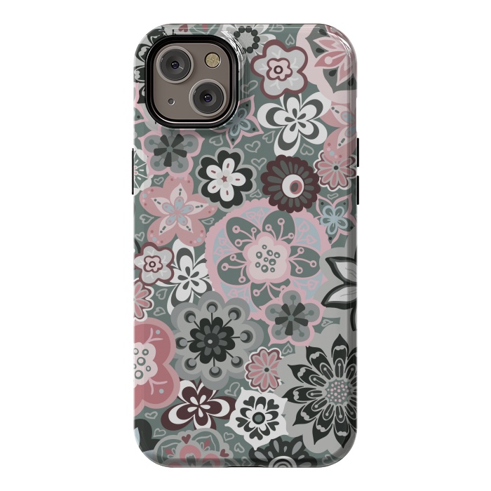 iPhone 14 Plus StrongFit Beautiful Bouquet of Blooms-Dark Grey and Pink by Paula Ohreen