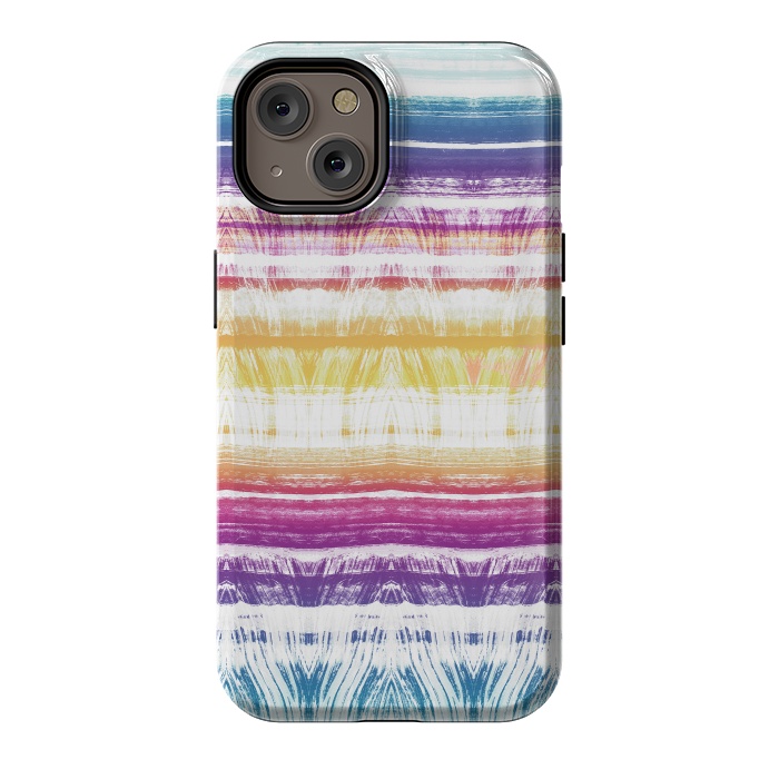 iPhone 14 StrongFit Rainbow brushed ethnic tie dye stripes by Oana 