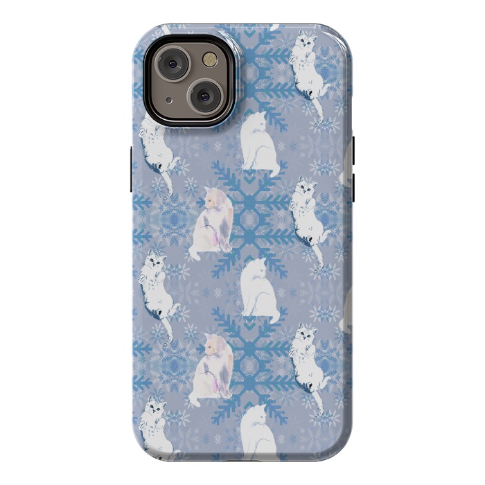 iPhone 14 Plus StrongFit Cute white cats and blue Christmas snowflakes by Oana 