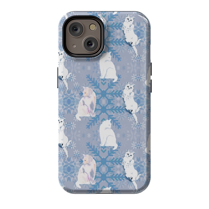 iPhone 14 StrongFit Cute white cats and blue Christmas snowflakes by Oana 