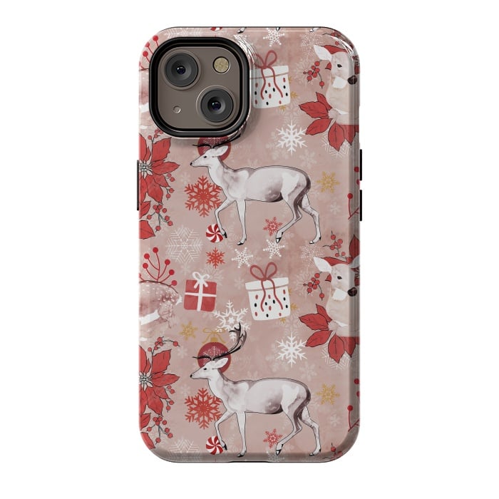 iPhone 14 StrongFit Deers and Christmas ornaments red pink by Oana 