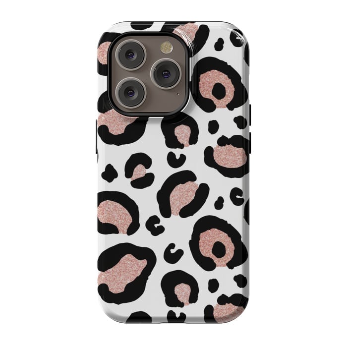 iPhone 14 Pro StrongFit Rose Gold Glitter Leopard Print by Julie Erin Designs