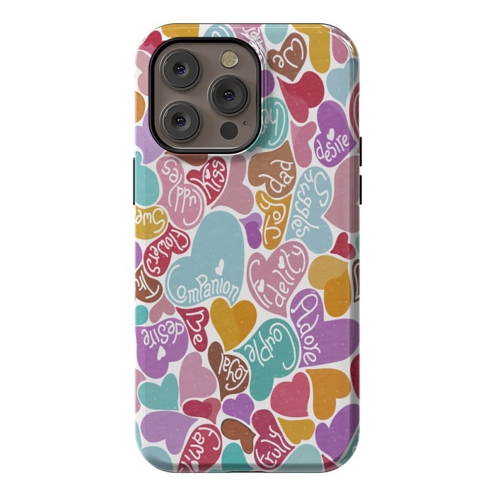 iPhone 14 Pro max StrongFit Multicolored Love hearts with loving words by Paula Ohreen