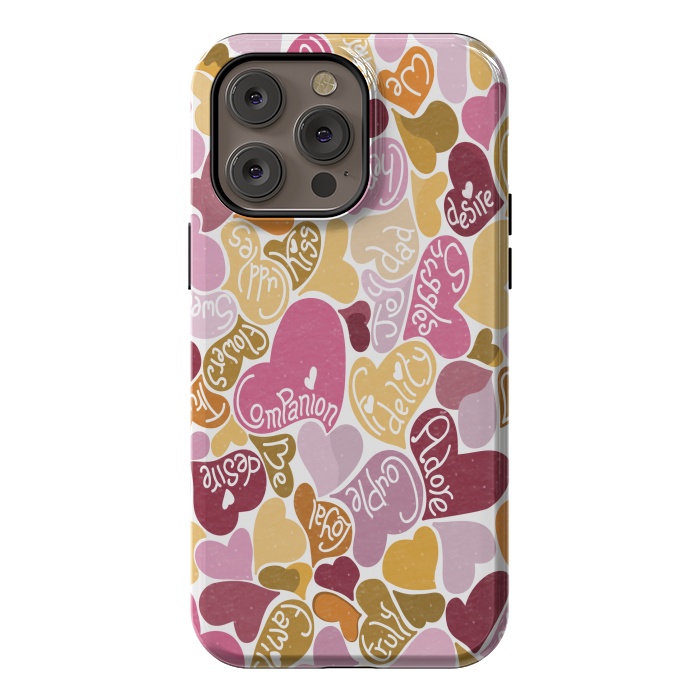iPhone 14 Pro max StrongFit Love hearts with loving words in pink and orange by Paula Ohreen
