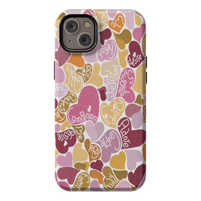 iPhone 14 Plus StrongFit Love hearts with loving words in pink and orange by Paula Ohreen