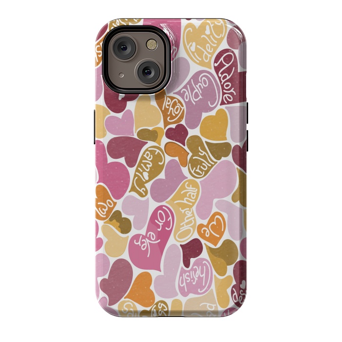 iPhone 14 StrongFit Love hearts with loving words in pink and orange by Paula Ohreen