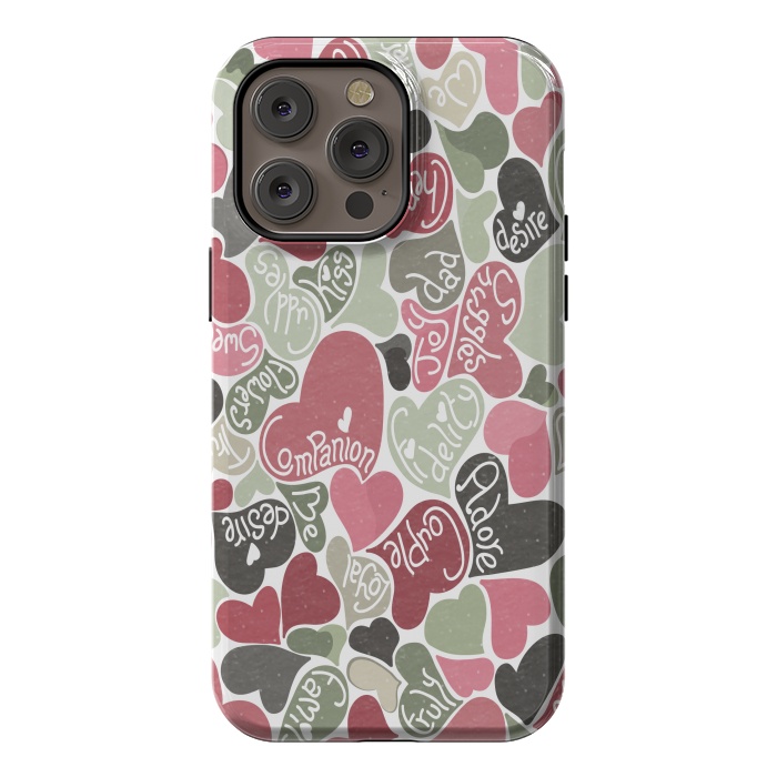 iPhone 14 Pro max StrongFit Love hearts with loving words in pink and green by Paula Ohreen