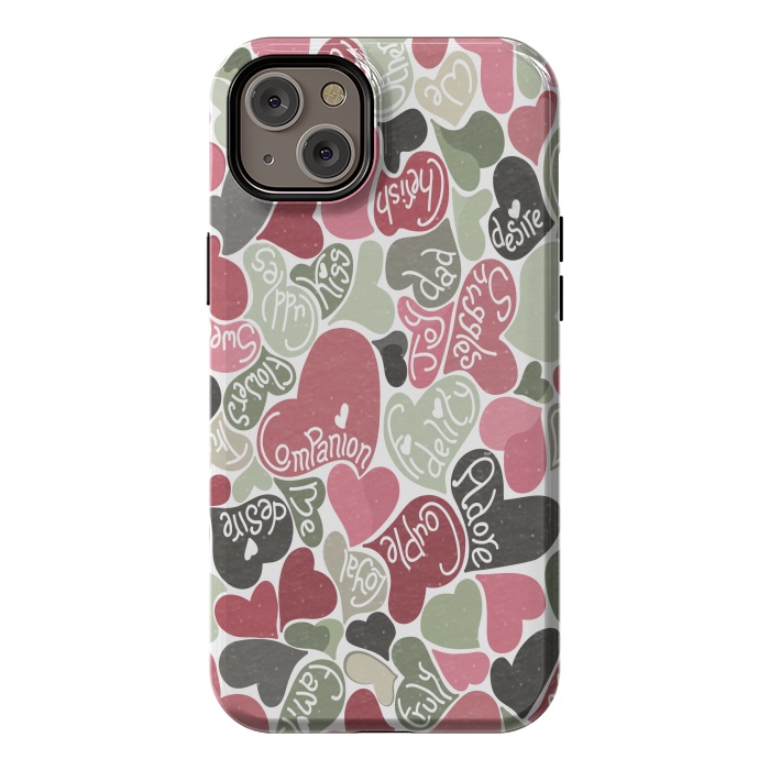 iPhone 14 Plus StrongFit Love hearts with loving words in pink and green by Paula Ohreen
