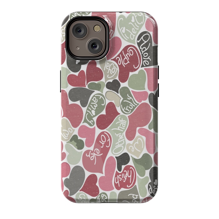 iPhone 14 StrongFit Love hearts with loving words in pink and green by Paula Ohreen