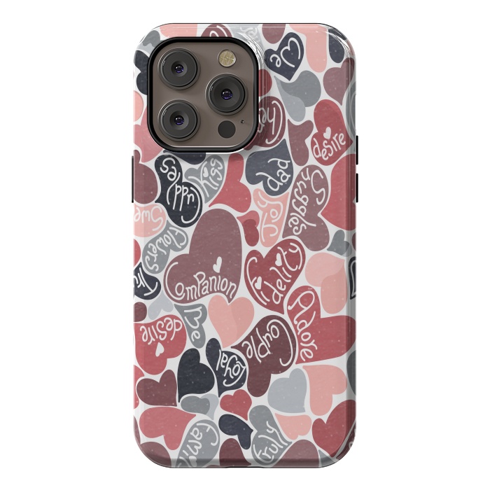 iPhone 14 Pro max StrongFit Love hearts with loving words in pink and grey by Paula Ohreen