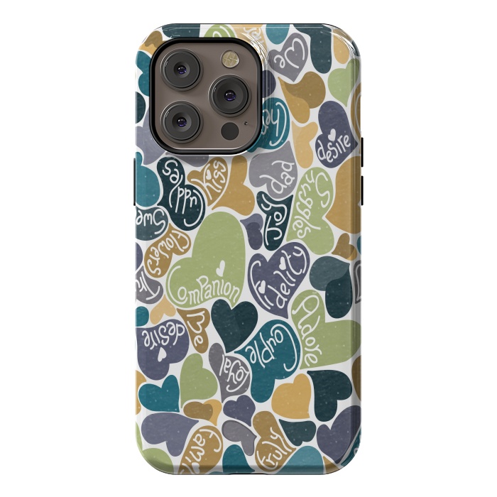 iPhone 14 Pro max StrongFit Love hearts with loving words in blue and green by Paula Ohreen