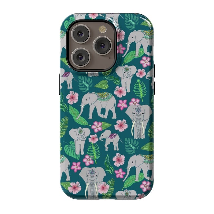 iPhone 14 Pro StrongFit Elephants of the Jungle on Green by Tangerine-Tane