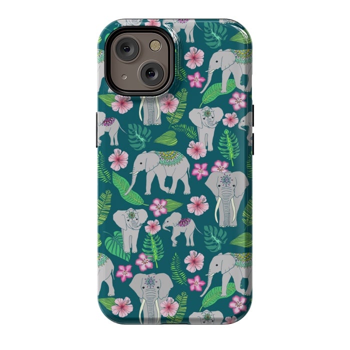 iPhone 14 StrongFit Elephants of the Jungle on Green by Tangerine-Tane