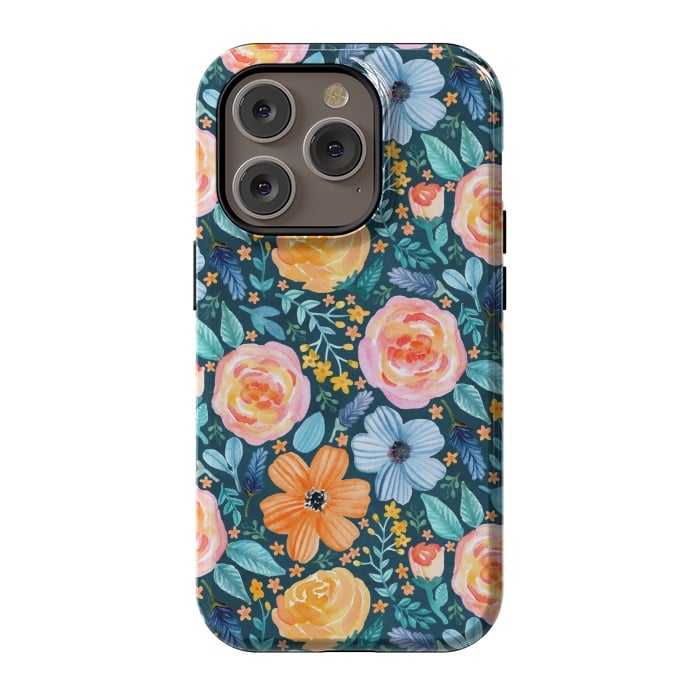 iPhone 14 Pro StrongFit Bold Blooms on Dark Teal by Tangerine-Tane