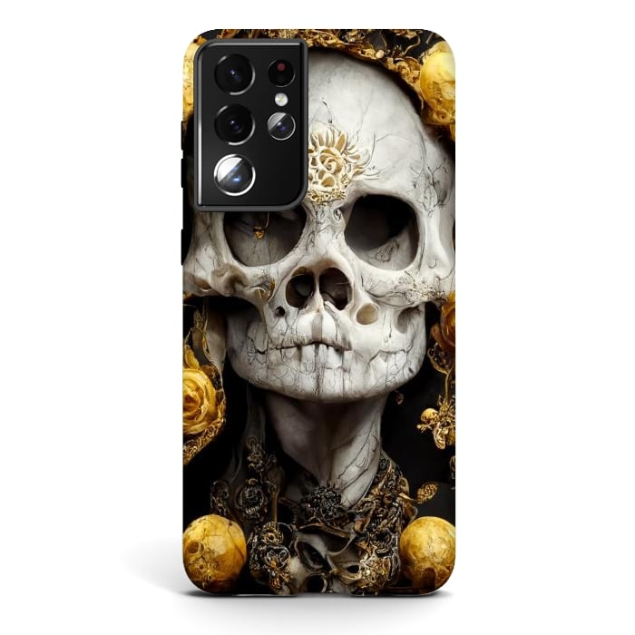 Galaxy S21 ultra StrongFit yellow gold roses skull by haroulita