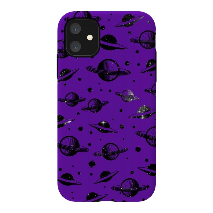 iPhone 11 StrongFit Planets, stars space pattern on purple background by Oana 