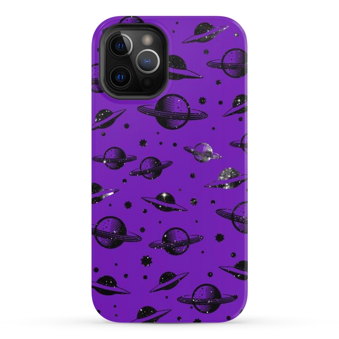 iPhone 12 Pro StrongFit Planets, stars space pattern on purple background by Oana 