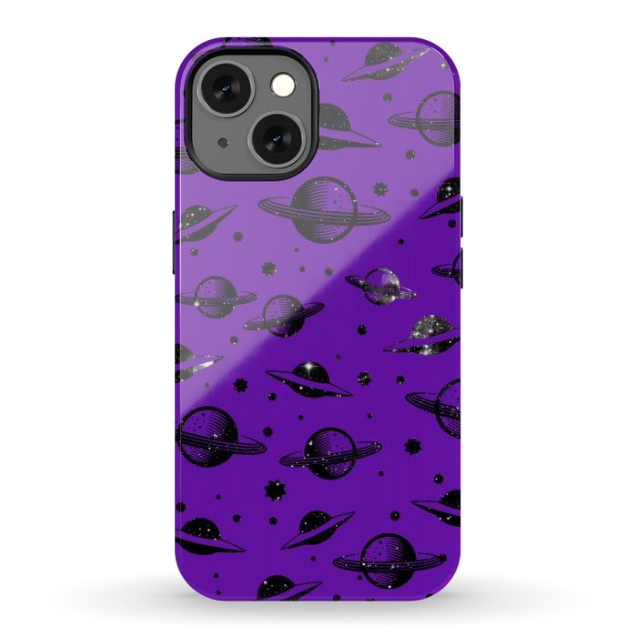 iPhone 13 StrongFit Planets, stars space pattern on purple background by Oana 