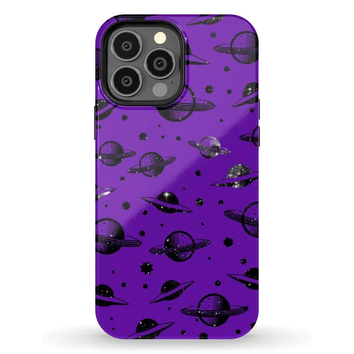 iPhone 13 Pro Max StrongFit Planets, stars space pattern on purple background by Oana 