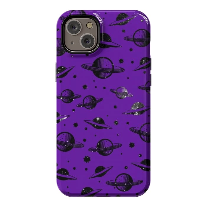iPhone 14 Plus StrongFit Planets, stars space pattern on purple background by Oana 