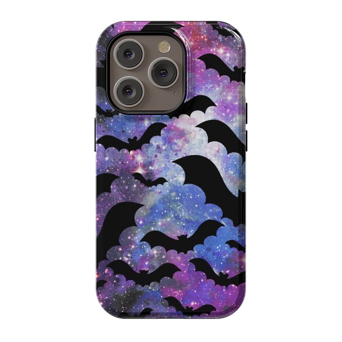 iPhone 14 Pro StrongFit Flying bats and starry night sky - purple-blue night sky by Oana 