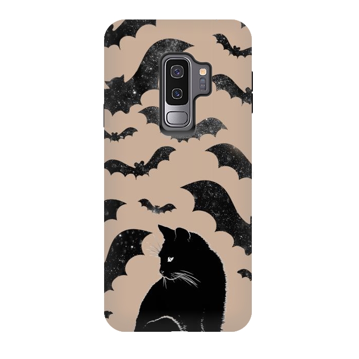 Galaxy S9 plus StrongFit Black cats and night sky bats - Halloween witchy illustration by Oana 