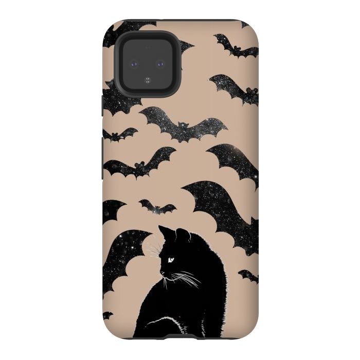 Pixel 4 StrongFit Black cats and night sky bats - Halloween witchy illustration by Oana 