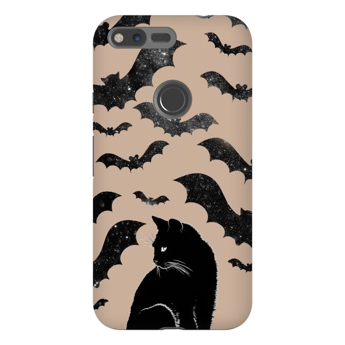 Pixel XL StrongFit Black cats and night sky bats - Halloween witchy illustration by Oana 