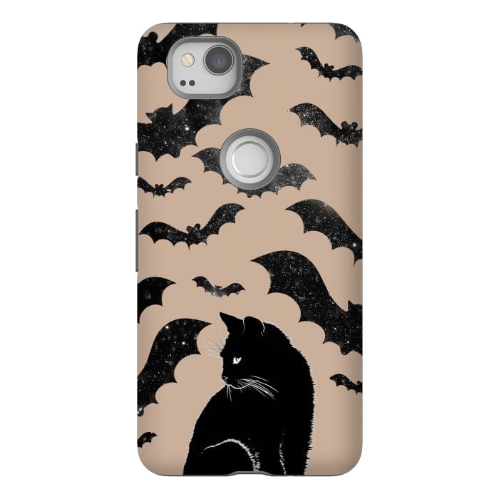 Pixel 2 StrongFit Black cats and night sky bats - Halloween witchy illustration by Oana 