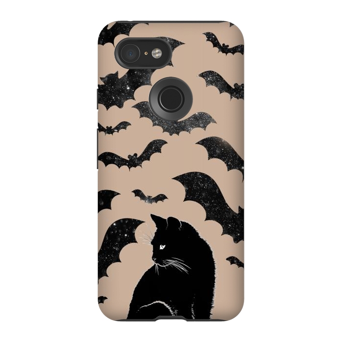 Pixel 3 StrongFit Black cats and night sky bats - Halloween witchy illustration by Oana 