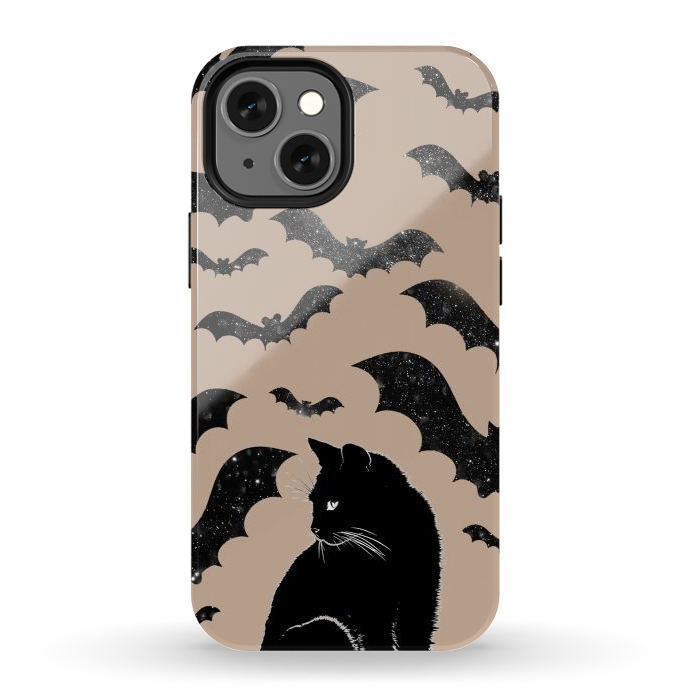 iPhone 12 mini StrongFit Black cats and night sky bats - Halloween witchy illustration by Oana 