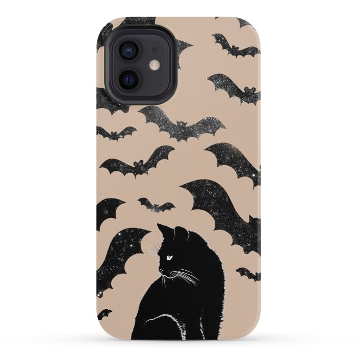 iPhone 12 StrongFit Black cats and night sky bats - Halloween witchy illustration by Oana 