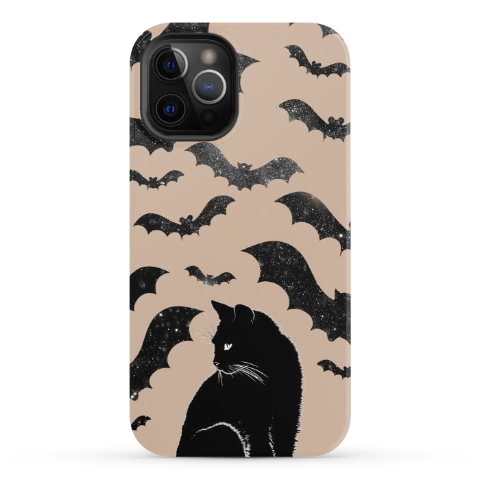 iPhone 12 Pro StrongFit Black cats and night sky bats - Halloween witchy illustration by Oana 