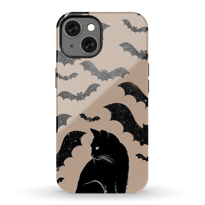 iPhone 13 StrongFit Black cats and night sky bats - Halloween witchy illustration by Oana 