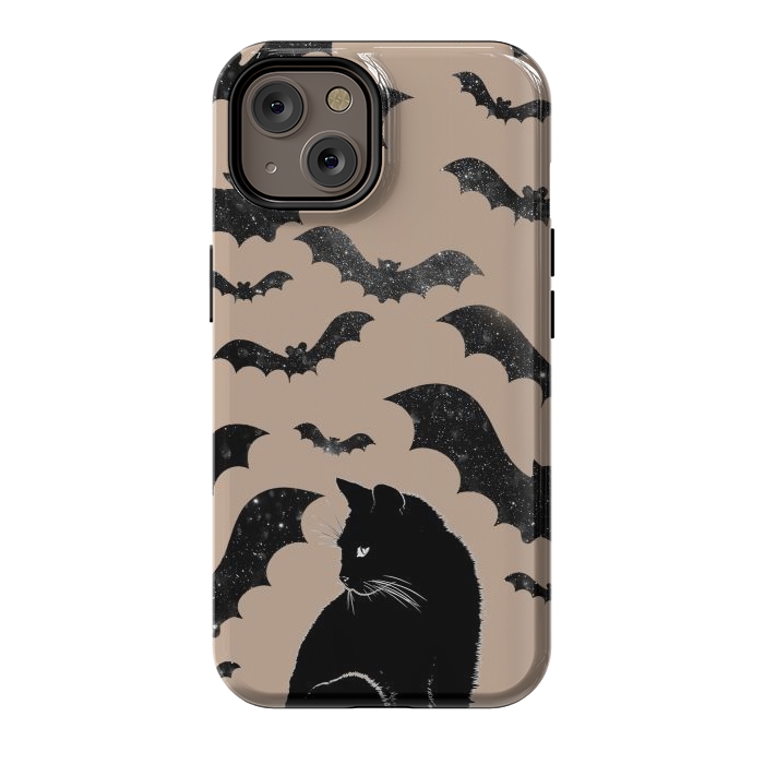 iPhone 14 StrongFit Black cats and night sky bats - Halloween witchy illustration by Oana 
