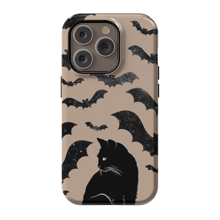iPhone 14 Pro StrongFit Black cats and night sky bats - Halloween witchy illustration by Oana 